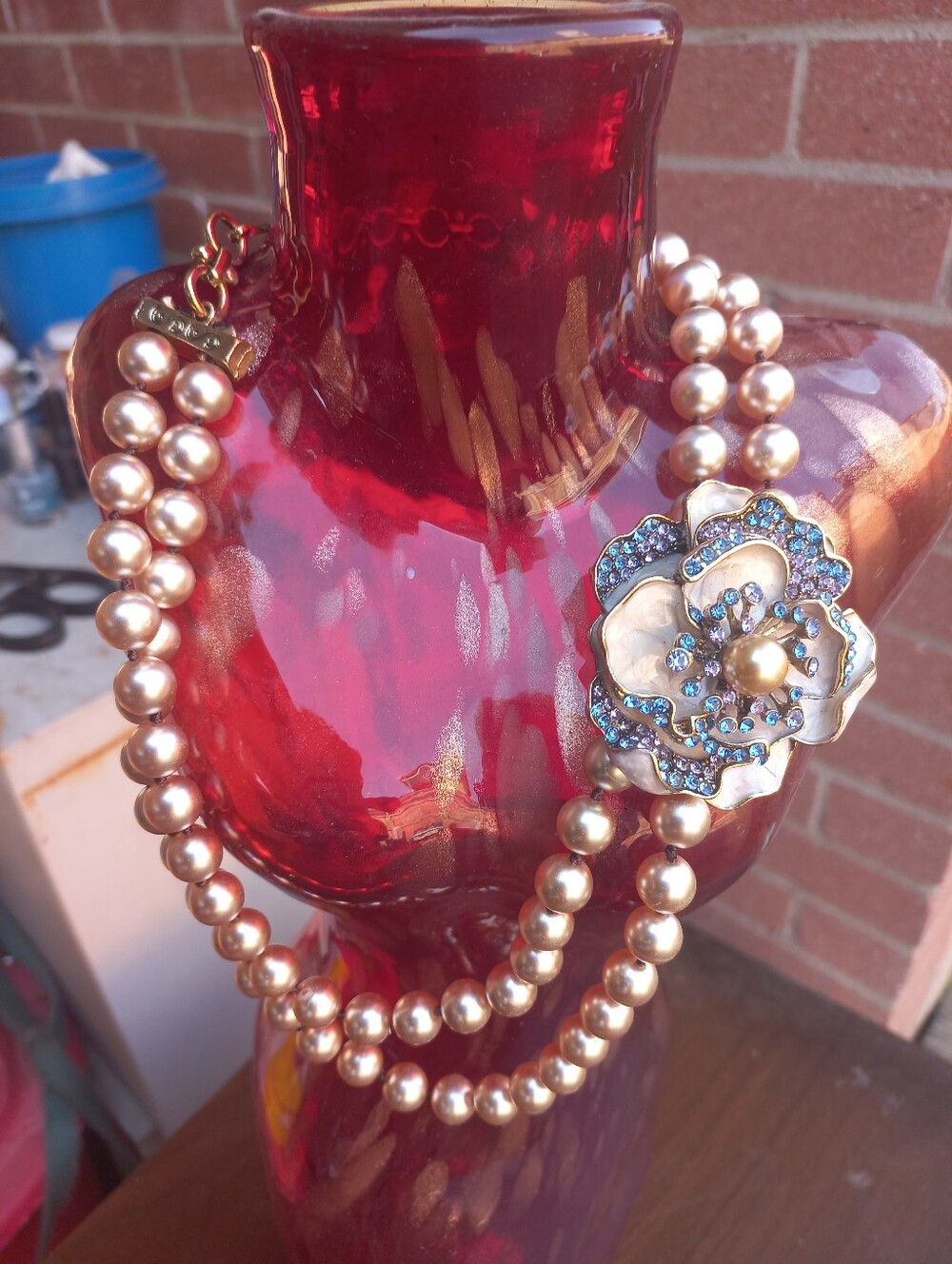 Pearl Double-Strand Necklace with Blue Crystal Flower Accent